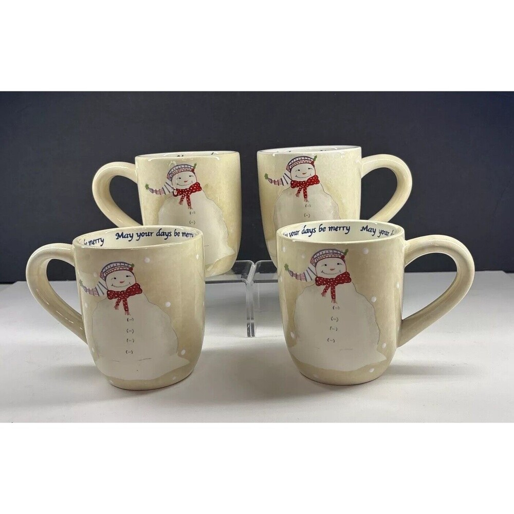 VTG Oneida Snowmates Snowman Earthenware Mugs Set 4 By Debbie Taylor-Kerman READ